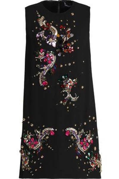 Shop Dolce & Gabbana Woman Embellished Stretch-wool Crepe Mini Dress Black