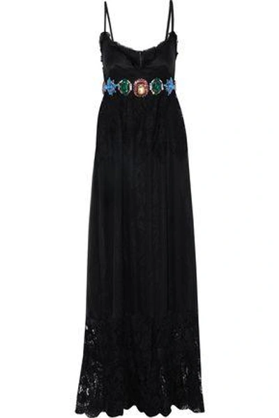 Shop Dolce & Gabbana Lace-paneled Crystal-embellished Silk-blend Chiffon Gown In Black