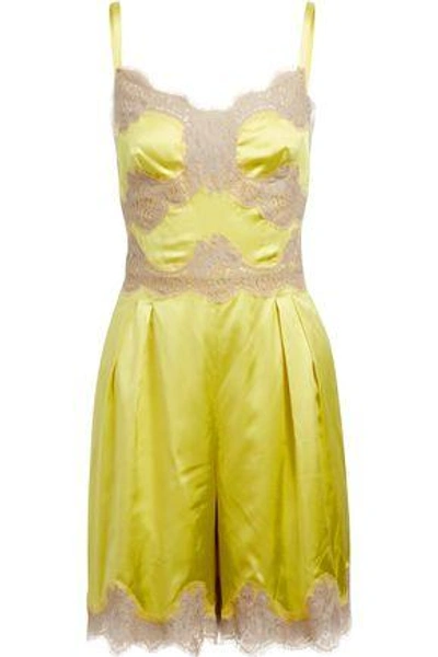 Shop Dolce & Gabbana Lace-trimmed Pleated Silk-blend Satin Playsuit In Chartreuse