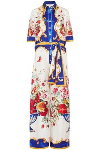 Shop Dolce & Gabbana Woman Tie-front Printed Silk-twill Jumpsuit White