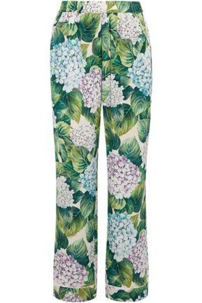 Shop Dolce & Gabbana Woman Floral-print Silk Straight-leg Pants Green