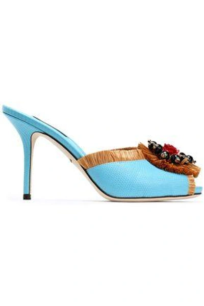 Shop Dolce & Gabbana Woman Embellished Raffia-trimmed Lizard-effect Leather Mules Turquoise