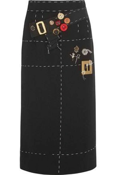 Shop Dolce & Gabbana Embellished Topstitched Cotton Midi Pencil Skirt In Black