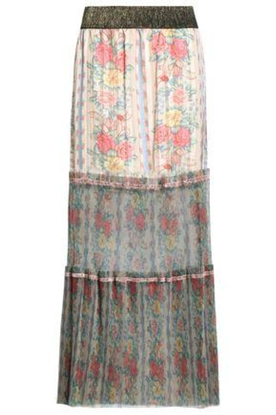 Shop Anna Sui Woman Pleated Floral-print Satin-jacquard And Tulle Maxi Skirt Ivory