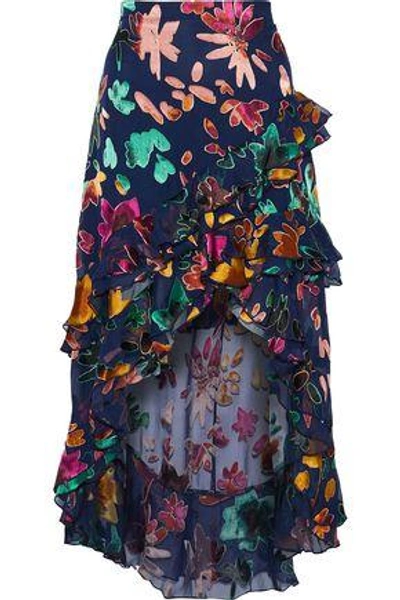 Shop Alice And Olivia Sasha Asymmetric Ruffle-trimmed Devoré-chiffon Skirt In Multicolor