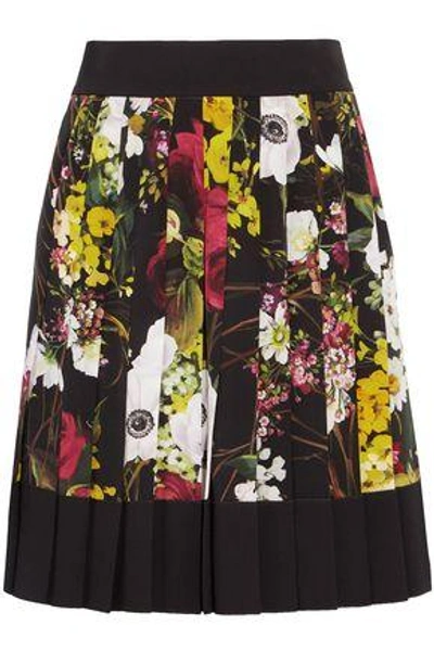 Shop Dolce & Gabbana Woman Pleated Floral-print Silk-blend Mini Skirt Black