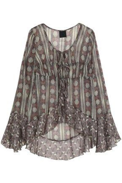 Shop Anna Sui Woman Ruffle-trimmed Metallic Printed Silk-blend Chiffon Blouse Stone