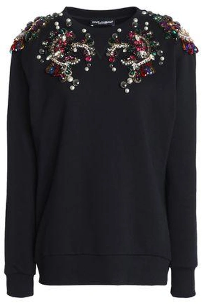 Shop Dolce & Gabbana Embellished French Cotton-terry Sweatshirt In Black