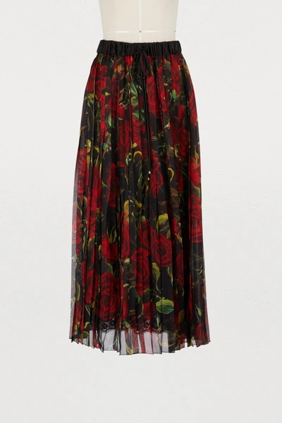 Shop Dolce & Gabbana Red Roses Printed Silk Skirt In Black/red