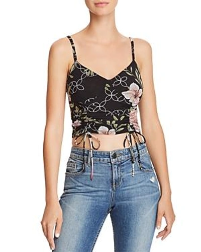 Shop Guess Odette Ruched Drawstring Floral Camisole In Midnight Lily Print Jet Black