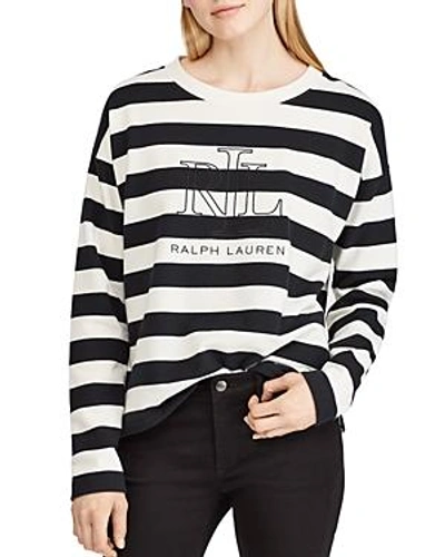 Shop Ralph Lauren Lauren  Striped Logo Sweatshirt In Winter Cream