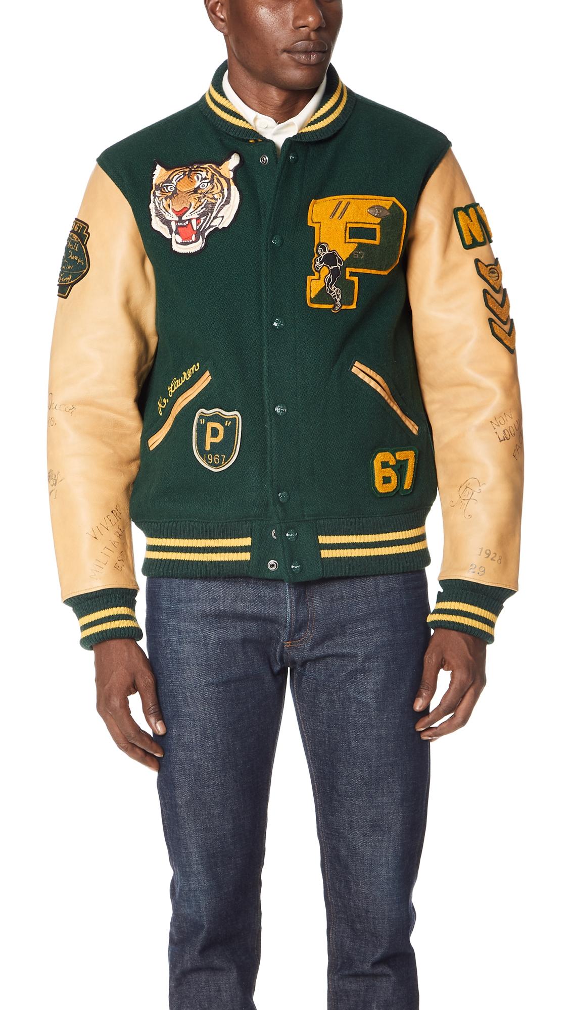 polo ralph lauren leather sleeve varsity jacket