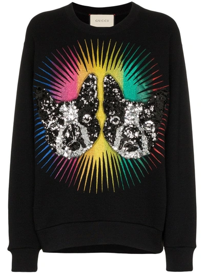 Shop Gucci Sequin Embellished Logo Back Cotton Sweatshirt - Black