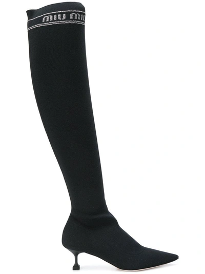 Shop Miu Miu Knee Length Sock Boots - Black