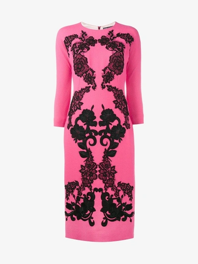Shop Dolce & Gabbana Rose Embroidered Crepe Dress In Pink&purple