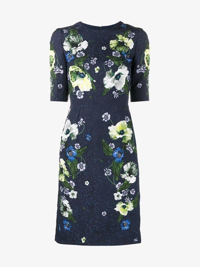 Shop Erdem Floral Print Midi Dress With Cropped Sleeves In Blue