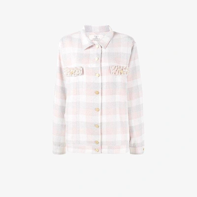 Shop Natasha Zinko Pearl Embellished Check Shirt In Pink