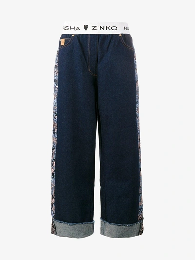 Shop Natasha Zinko Floral Jacquard Wide-leg Jeans In Blue