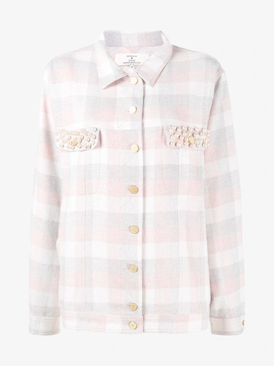 Shop Natasha Zinko Pearl Embellished Check Shirt In Pink