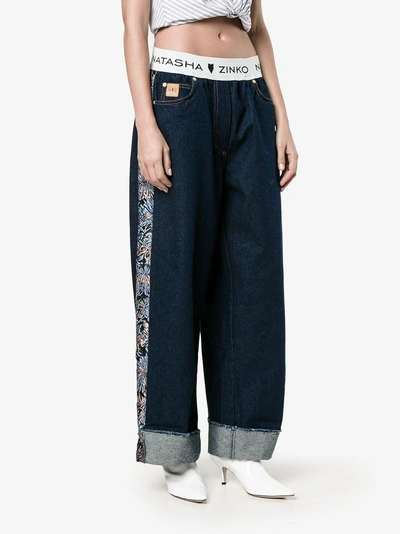 Shop Natasha Zinko Floral Jacquard Wide-leg Jeans In Blue