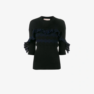 Shop Marni Ribbed Ruffle Top In Black