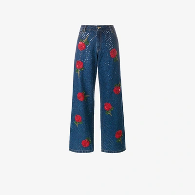 Shop Ashish Rose Embroidered Sequin Jeans In Blue