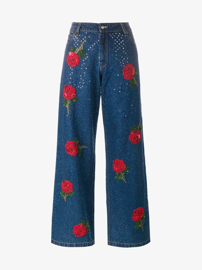 Shop Ashish Rose Embroidered Sequin Jeans In Blue