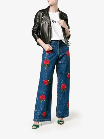 Shop Ashish Rose Embroidered Sequin Jeans In Blue