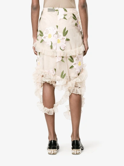 Shop Simone Rocha Floral Embroidered Frill Skirt In Nude&neutrals