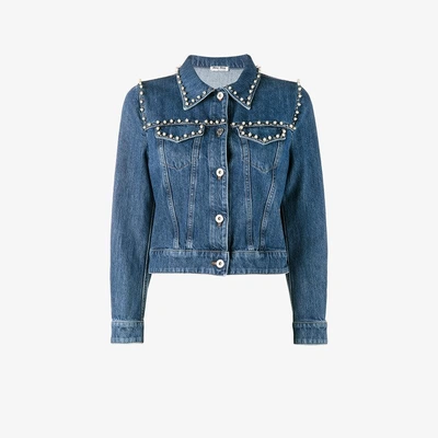 Shop Miu Miu Pearl Embellished Denim Jacket In Blue