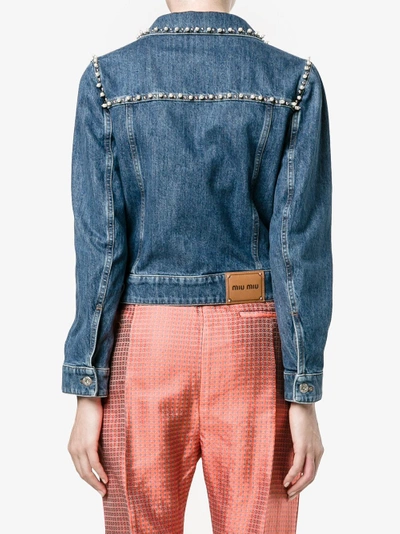 Shop Miu Miu Pearl Embellished Denim Jacket In Blue