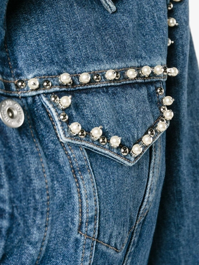 Shop Miu Miu Pearl Embellished Denim Jacket In Blue