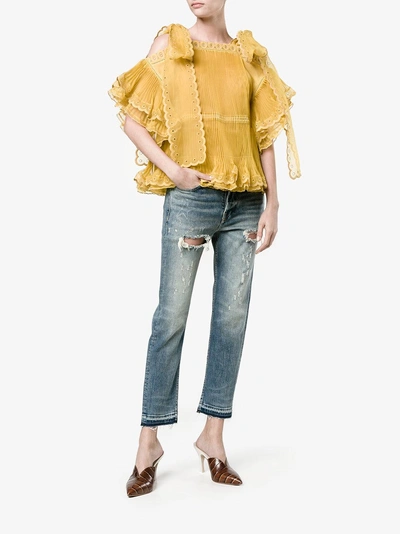 Shop Chloé Sheer Pleated Scalloped Blouse In Yellow