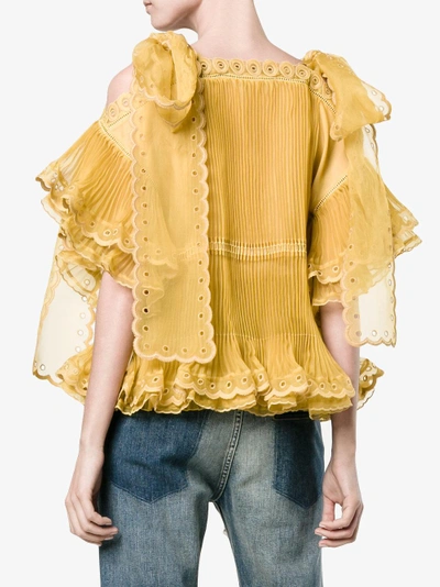 Shop Chloé Sheer Pleated Scalloped Blouse In Yellow