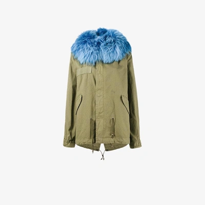 Shop Mr & Mrs Italy Blue Raccoon Fur Trimmed Parka Jacket