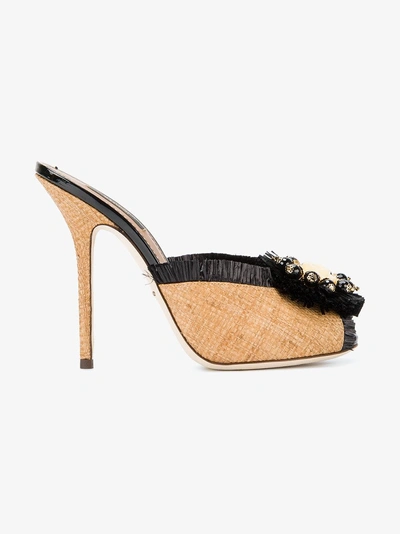 Shop Dolce & Gabbana Embellished Raffia Mules In Nude&neutrals