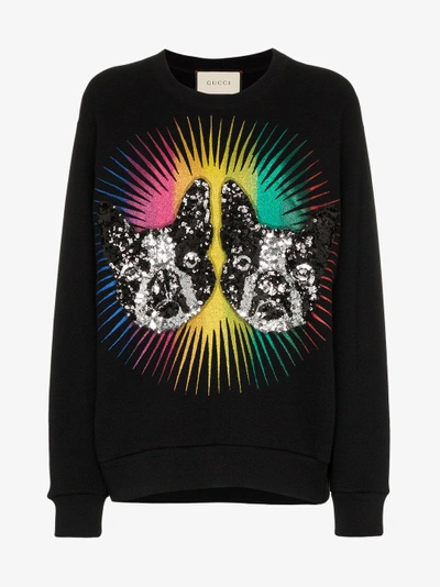 Shop Gucci Sequin Embellished Logo Back Cotton Sweatshirt In Black