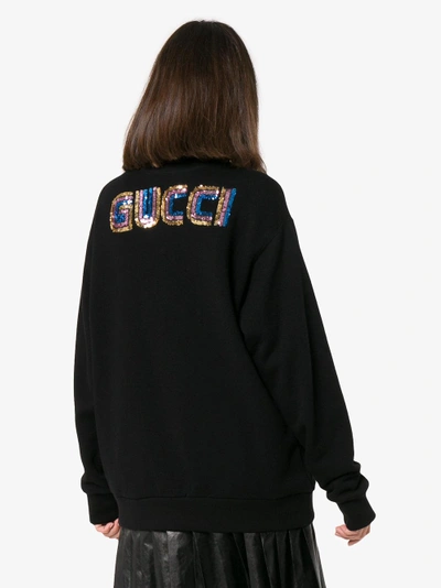 Shop Gucci Sequin Embellished Logo Back Cotton Sweatshirt In Black