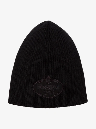 Shop Prada Black Logo Embroidered Ribbed Virgin Wool Hat