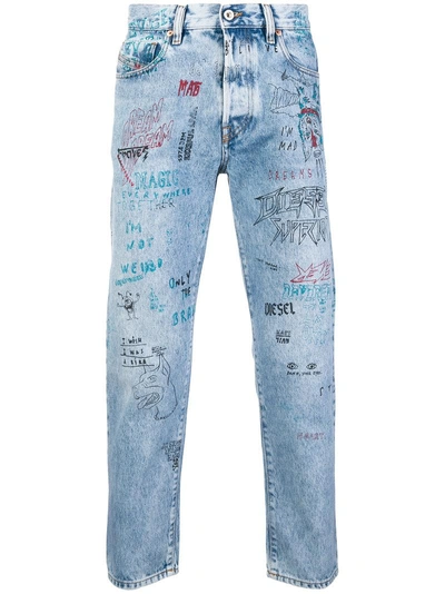 Diesel Mharky Tapered Graffiti Jeans In Blue | ModeSens