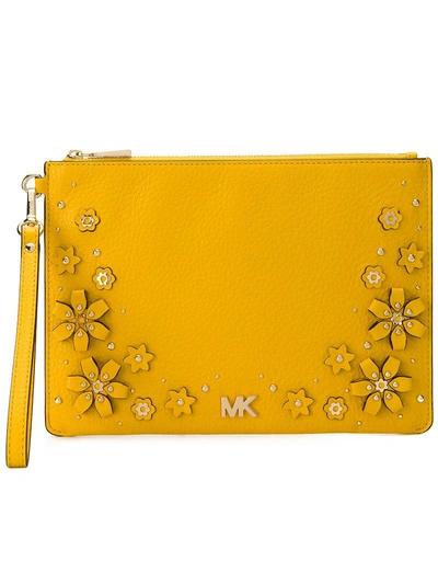 Shop Michael Michael Kors Floral Embellished Pouch In Yellow & Orange
