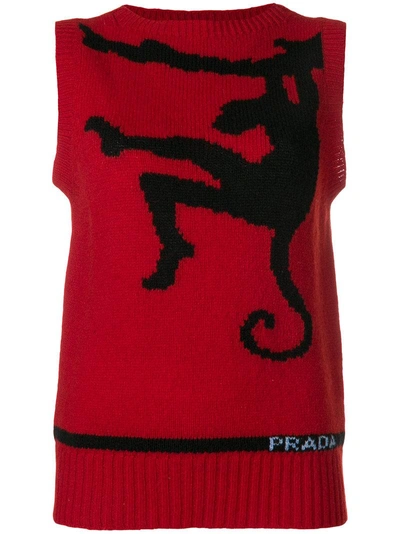 Shop Prada Sleeveless Intarsia Monkey Top - Red