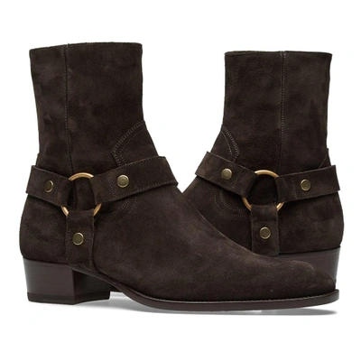 Shop Saint Laurent Wyatt Harness Suede Boot In Brown