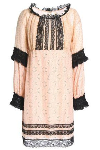 Shop Anna Sui Woman Lace-trimmed Printed Cotton And Silk-blend Mini Dress Beige