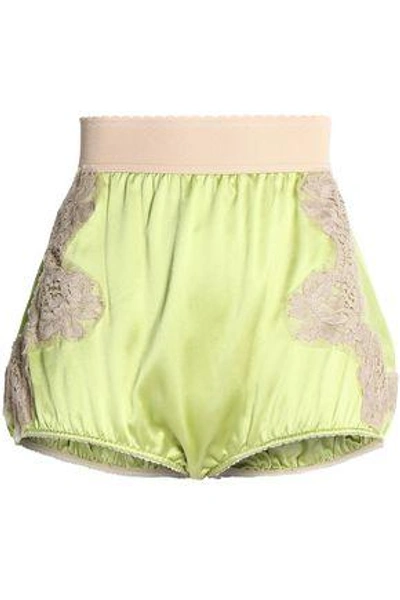 Shop Dolce & Gabbana Woman Lace Appliquéd Silk-satin Shorts Lime Green