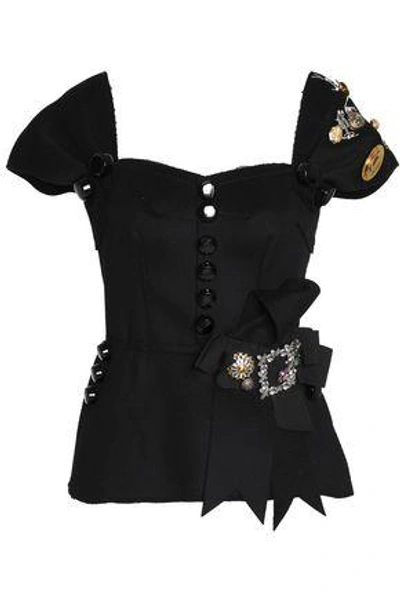 Shop Dolce & Gabbana Woman Belted Crystal-embellished Brushed-wool Top Black