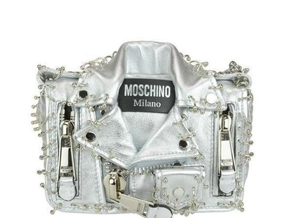 Shop Moschino Biker Jacket Shoulder Bag In Silver