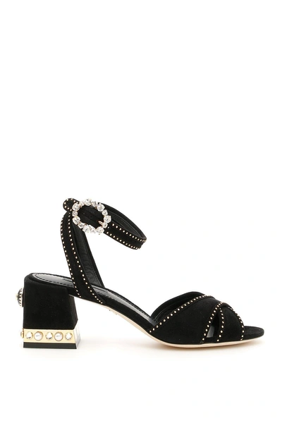 Shop Dolce & Gabbana Embellished Suede Block Heel Sandals In Black