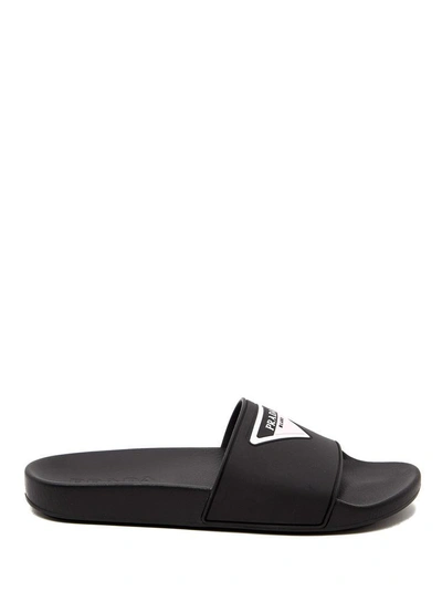 Shop Prada Logo Slides In Black