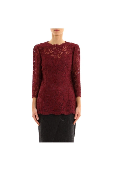 Shop Dolce & Gabbana Fitted Lace Blouse In Burgundy